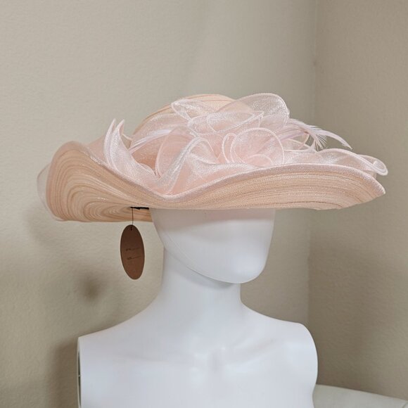 Blush Pink Organza Kentucky Derby Hat Wide Brim Church Wedding Fascinator - Picture 2 of 6